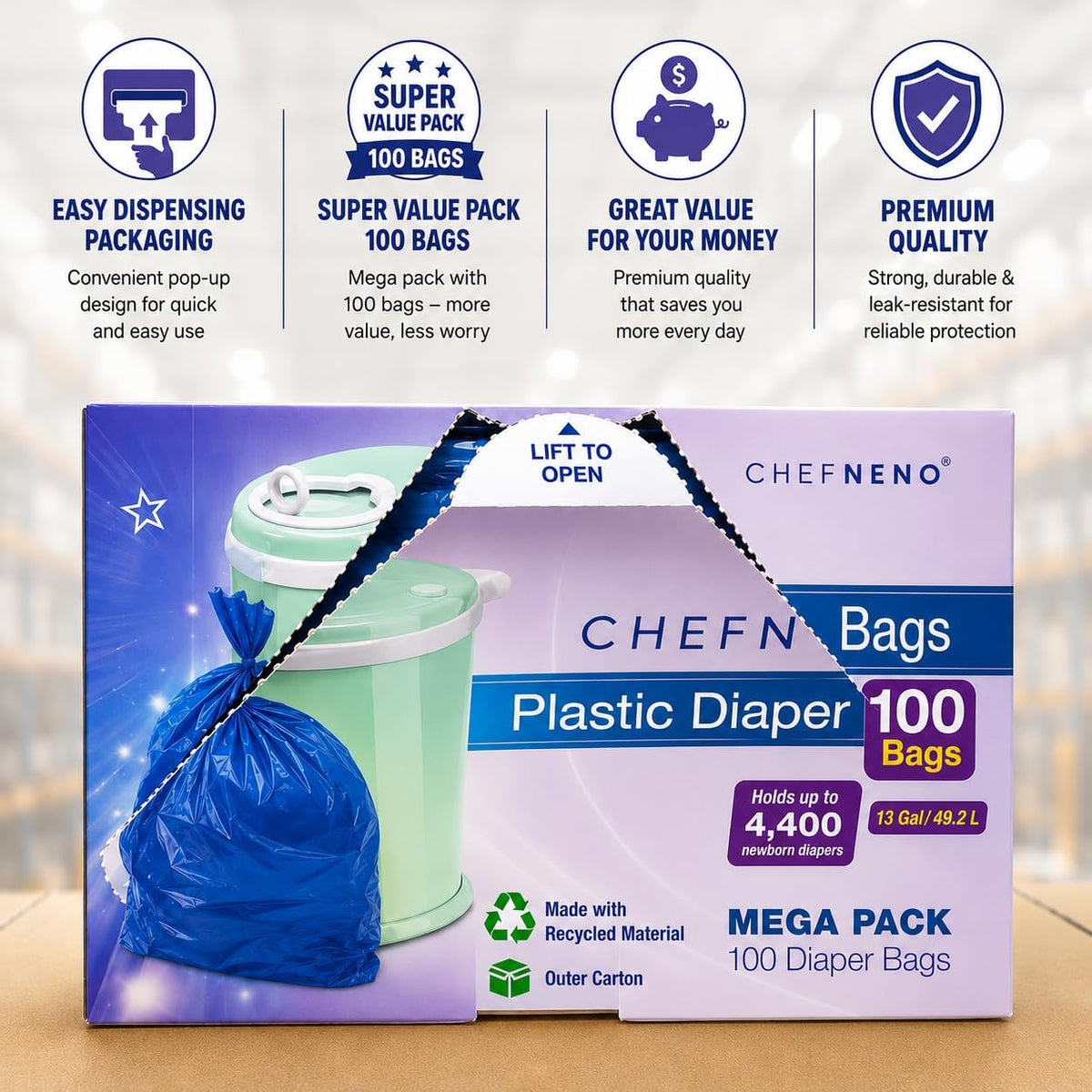Disposable Diaper Pail Refill Bags (100 Bags) Compatible with Ubbi Diaper Bag Pail 13 Gal Capacity Diaper Pail Bag Medium Kitchen Trash Bag Heavy Duty Large Garbage Bag (100 ct.)