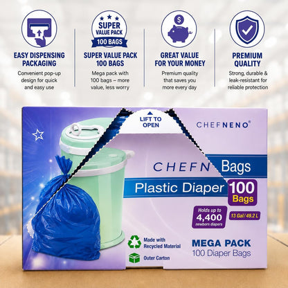 Disposable Diaper Pail Refill Bags (100 Bags) Compatible with Ubbi Diaper Bag Pail 13 Gal Capacity Diaper Pail Bag Medium Kitchen Trash Bag Heavy Duty Large Garbage Bag (100 ct.)