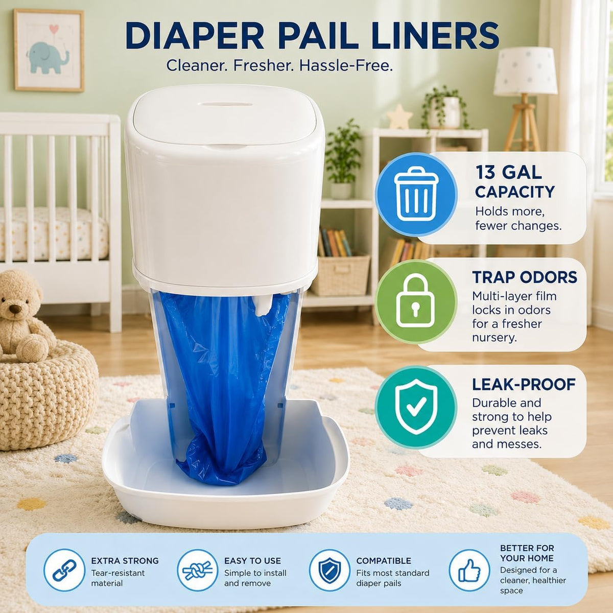 Disposable Diaper Pail Refill Bags (100 Bags) Compatible with Ubbi Diaper Bag Pail 13 Gal Capacity Diaper Pail Bag Medium Kitchen Trash Bag Heavy Duty Large Garbage Bag (100 ct.)