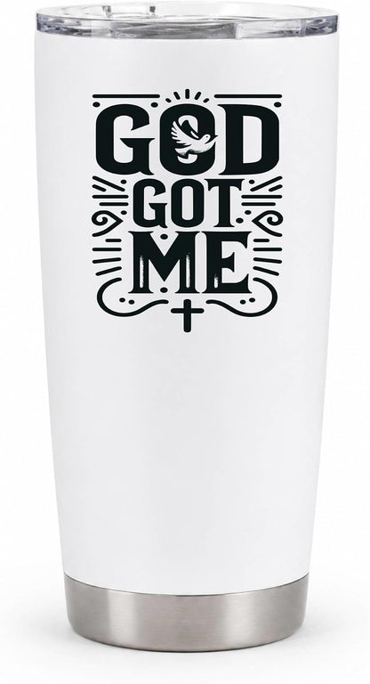 God Got Me 20oz White Insulated Tumbler | Faith-Centered Typography for Believers Seeking a Daily Reminder of Divine Support