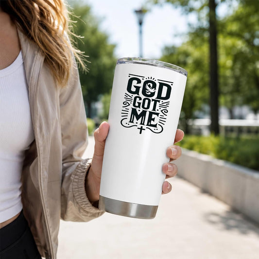 God Got Me 20oz White Insulated Tumbler | Faith-Centered Typography for Believers Seeking a Daily Reminder of Divine Support