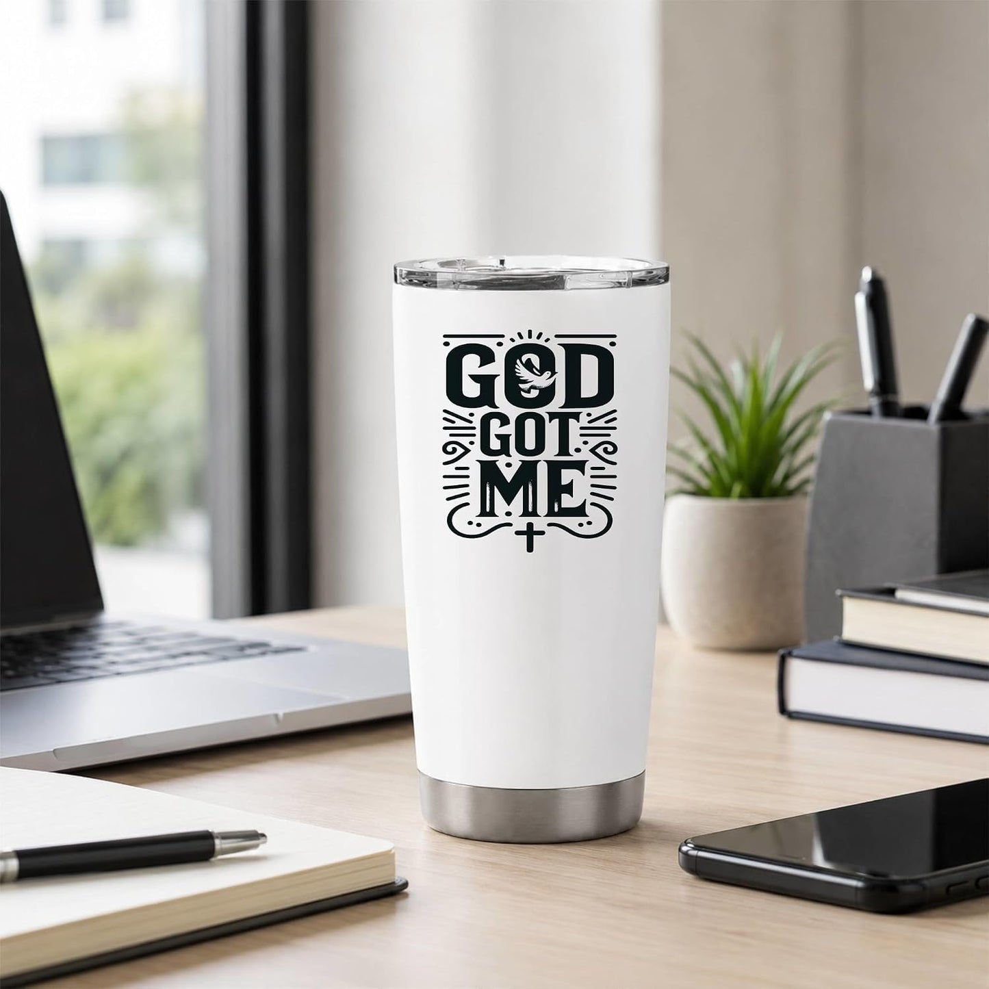 God Got Me 20oz White Insulated Tumbler | Faith-Centered Typography for Believers Seeking a Daily Reminder of Divine Support