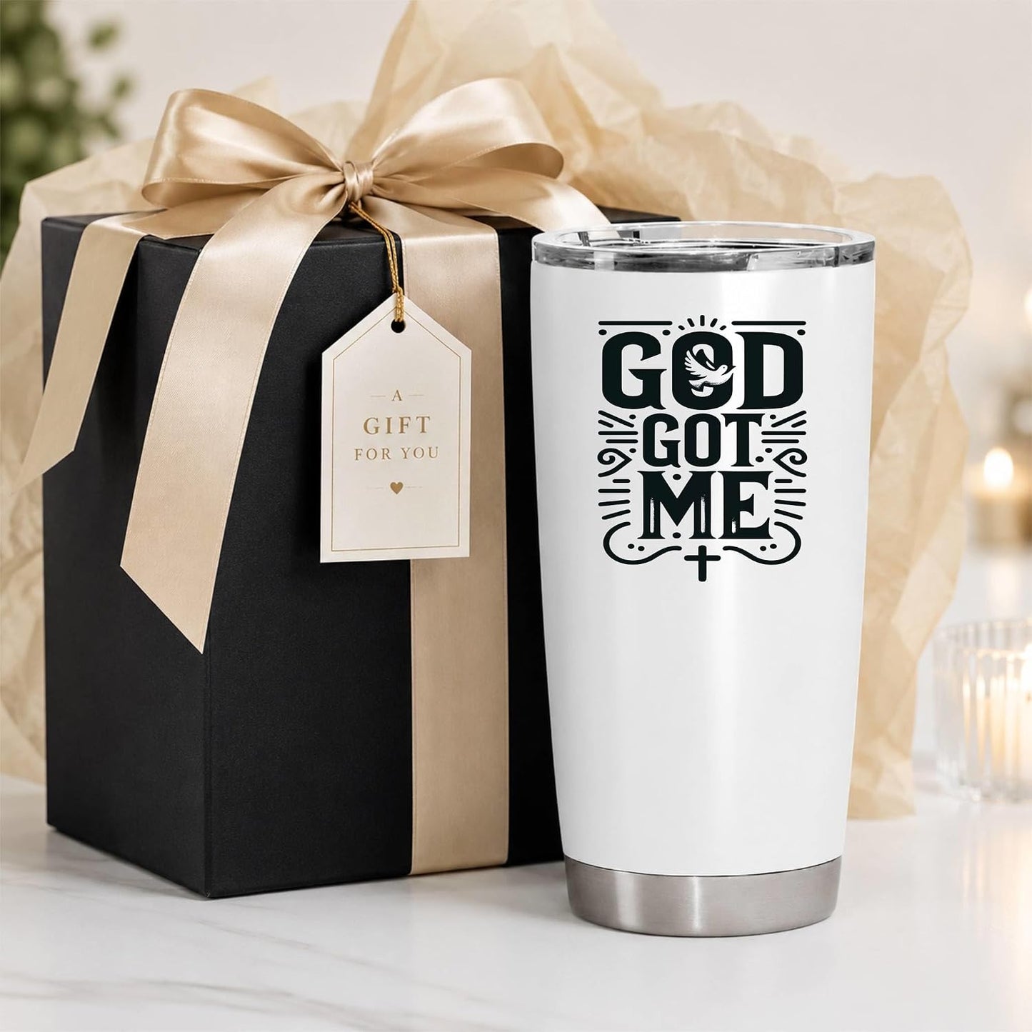 God Got Me 20oz White Insulated Tumbler | Faith-Centered Typography for Believers Seeking a Daily Reminder of Divine Support