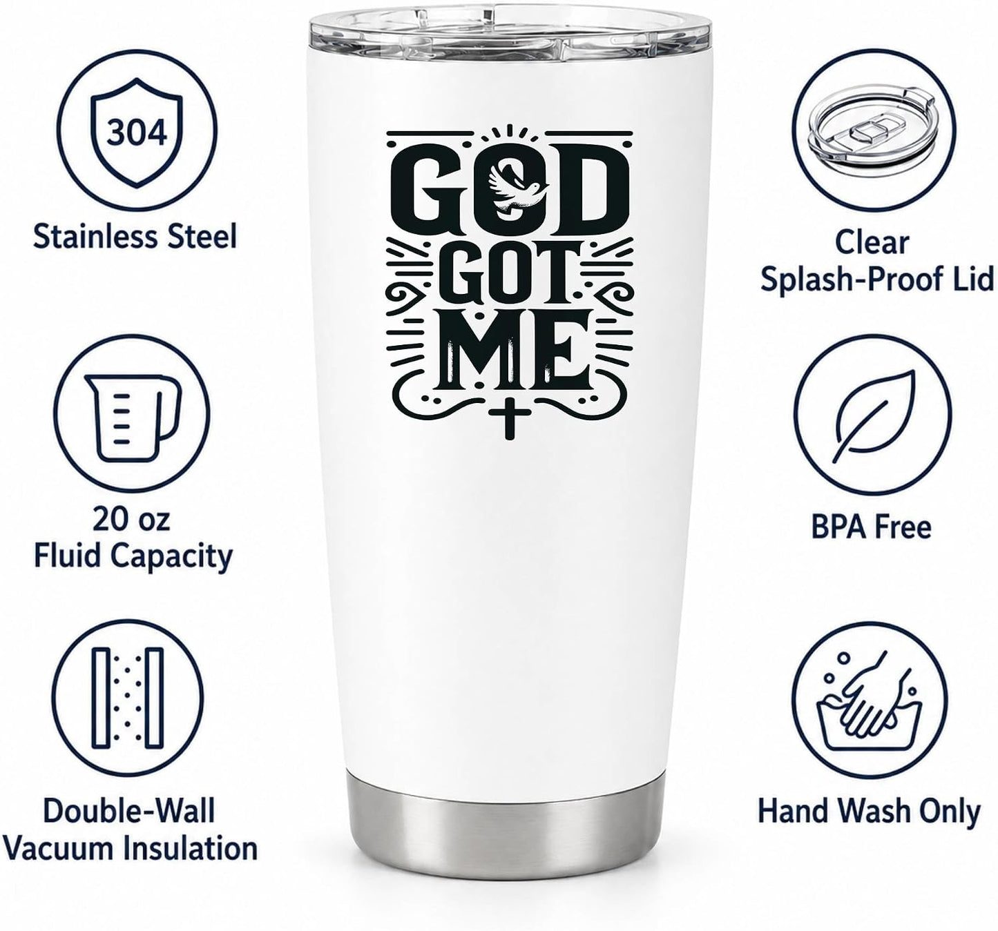 God Got Me 20oz White Insulated Tumbler | Faith-Centered Typography for Believers Seeking a Daily Reminder of Divine Support