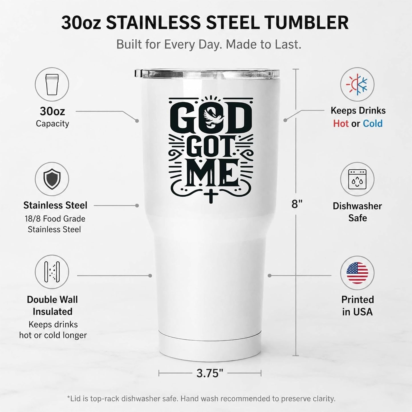 God Got Me 20oz White Insulated Tumbler | Faith-Centered Typography for Believers Seeking a Daily Reminder of Divine Support