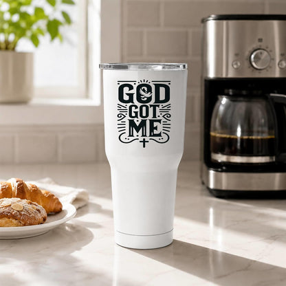 God Got Me 20oz White Insulated Tumbler | Faith-Centered Typography for Believers Seeking a Daily Reminder of Divine Support