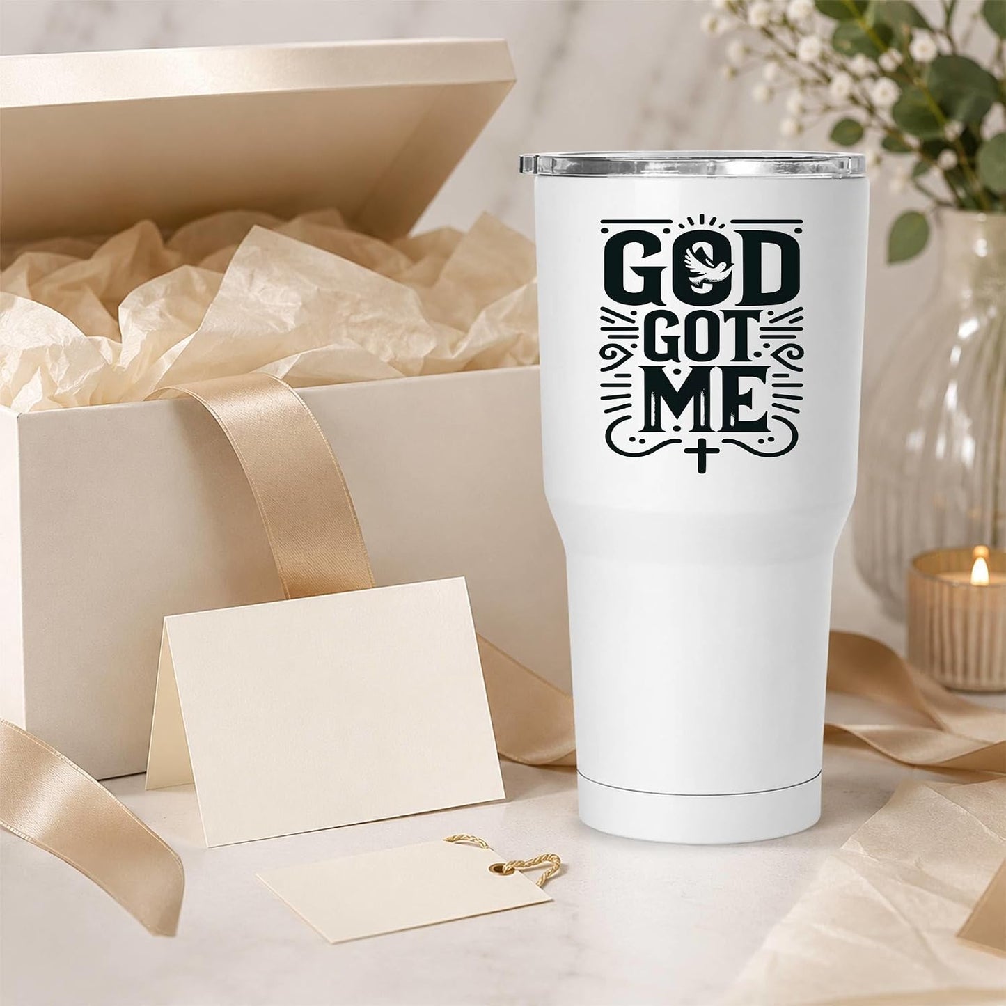 God Got Me 20oz White Insulated Tumbler | Faith-Centered Typography for Believers Seeking a Daily Reminder of Divine Support