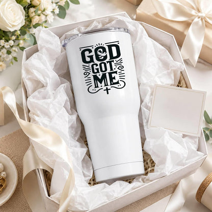 God Got Me 20oz White Insulated Tumbler | Faith-Centered Typography for Believers Seeking a Daily Reminder of Divine Support