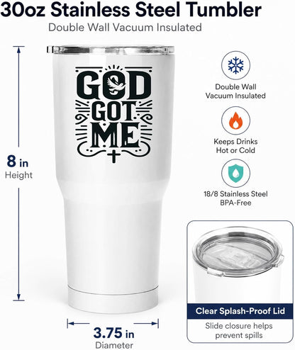 God Got Me 20oz White Insulated Tumbler | Faith-Centered Typography for Believers Seeking a Daily Reminder of Divine Support