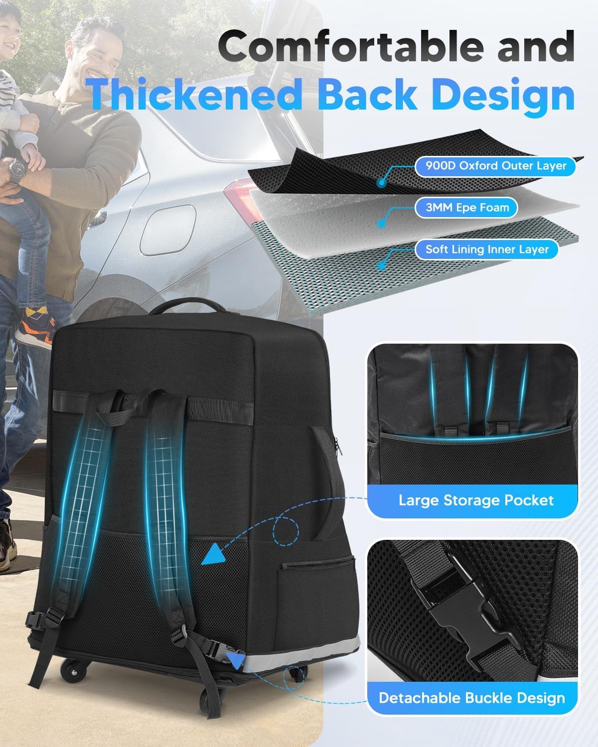 Car Seat Travel Bag for Airplane with Swivel Wheel Extendable Height Padded Carseat Travel Backpack Large Storage Bag, Baby Infant Booster Seat Bags for Air Travel