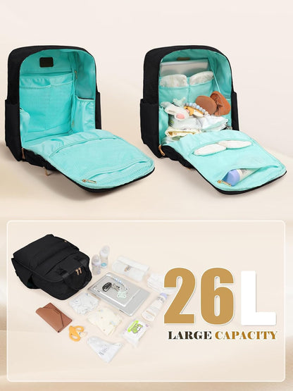 Diaper Bag Backpack Large Baby Diaper Bag With 15 Pockets,Patchwork Baby Travel Bag Organizer for Mom,4 Insulated Pockets,Changing Pad,Brown