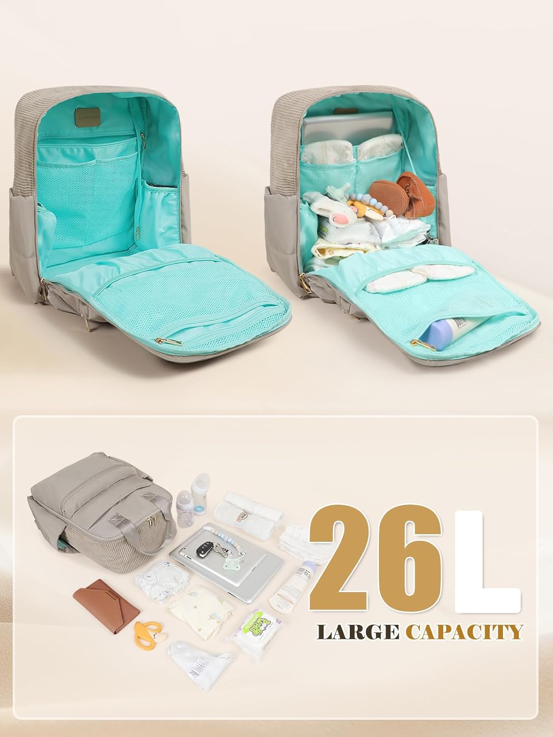 Diaper Bag Backpack Large Baby Diaper Bag With 15 Pockets,Patchwork Baby Travel Bag Organizer for Mom,4 Insulated Pockets,Changing Pad,Brown
