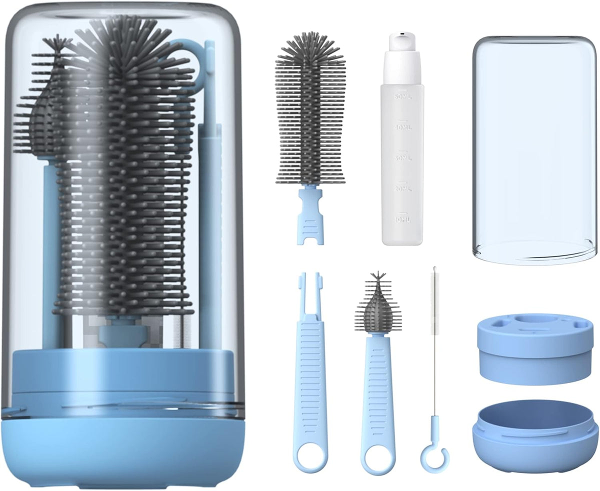 Baby Bottle Brush, Travel Bottle Cleaner Kit with Extendable Silicone Bottle Brush, Nipple Cleaner Brush, Straw Brush, Soap Dispenser, Dust Cap and Stand, Blue