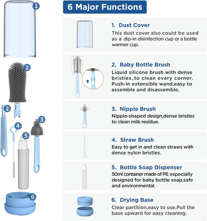 Baby Bottle Brush, Travel Bottle Cleaner Kit with Extendable Silicone Bottle Brush, Nipple Cleaner Brush, Straw Brush, Soap Dispenser, Dust Cap and Stand, Blue