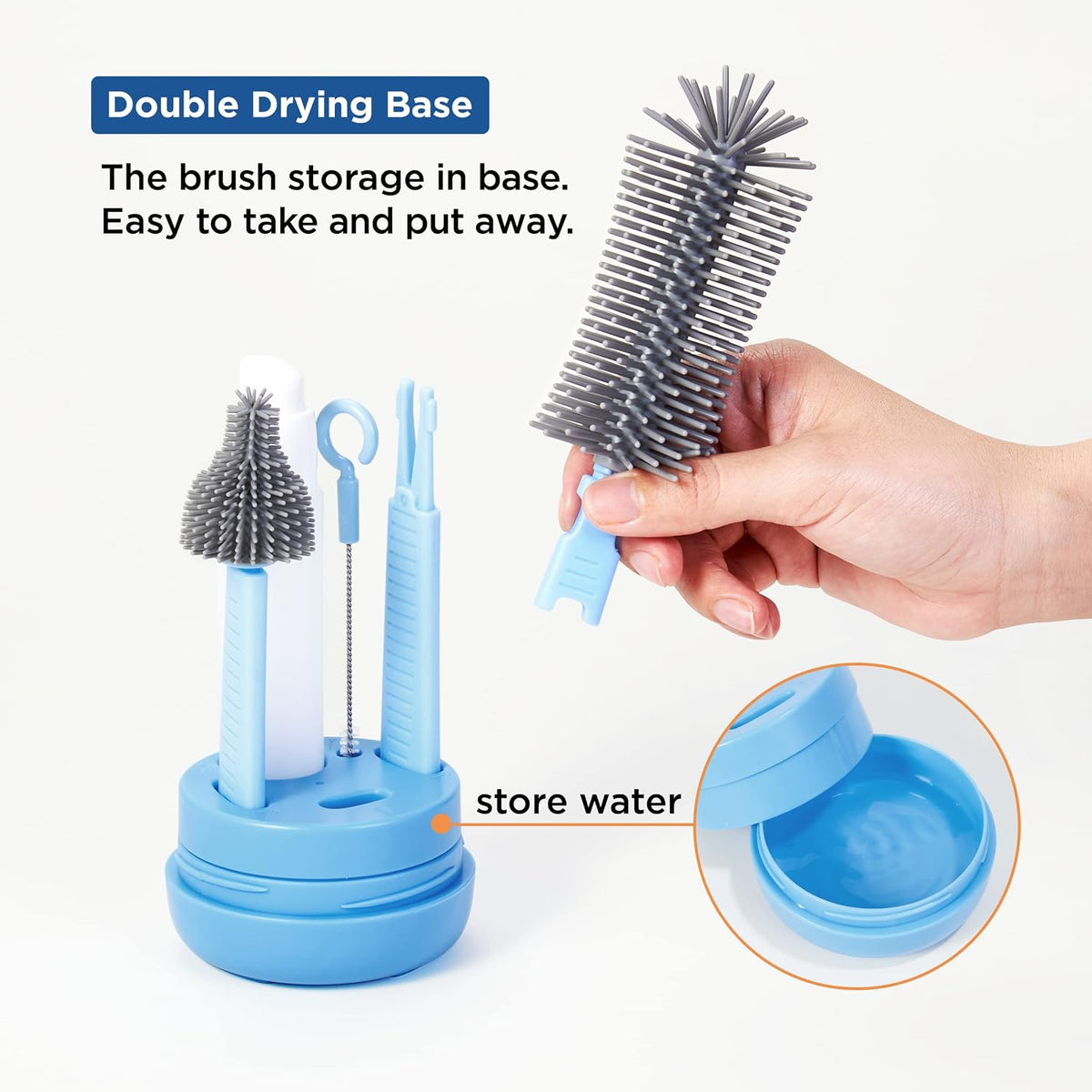 Baby Bottle Brush, Travel Bottle Cleaner Kit with Extendable Silicone Bottle Brush, Nipple Cleaner Brush, Straw Brush, Soap Dispenser, Dust Cap and Stand, Blue