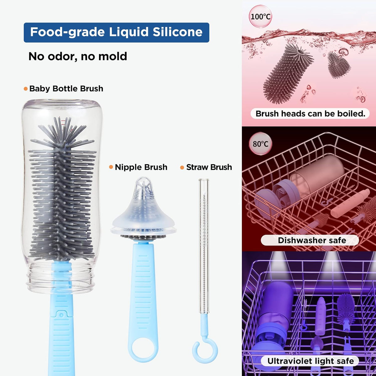Baby Bottle Brush, Travel Bottle Cleaner Kit with Extendable Silicone Bottle Brush, Nipple Cleaner Brush, Straw Brush, Soap Dispenser, Dust Cap and Stand, Blue