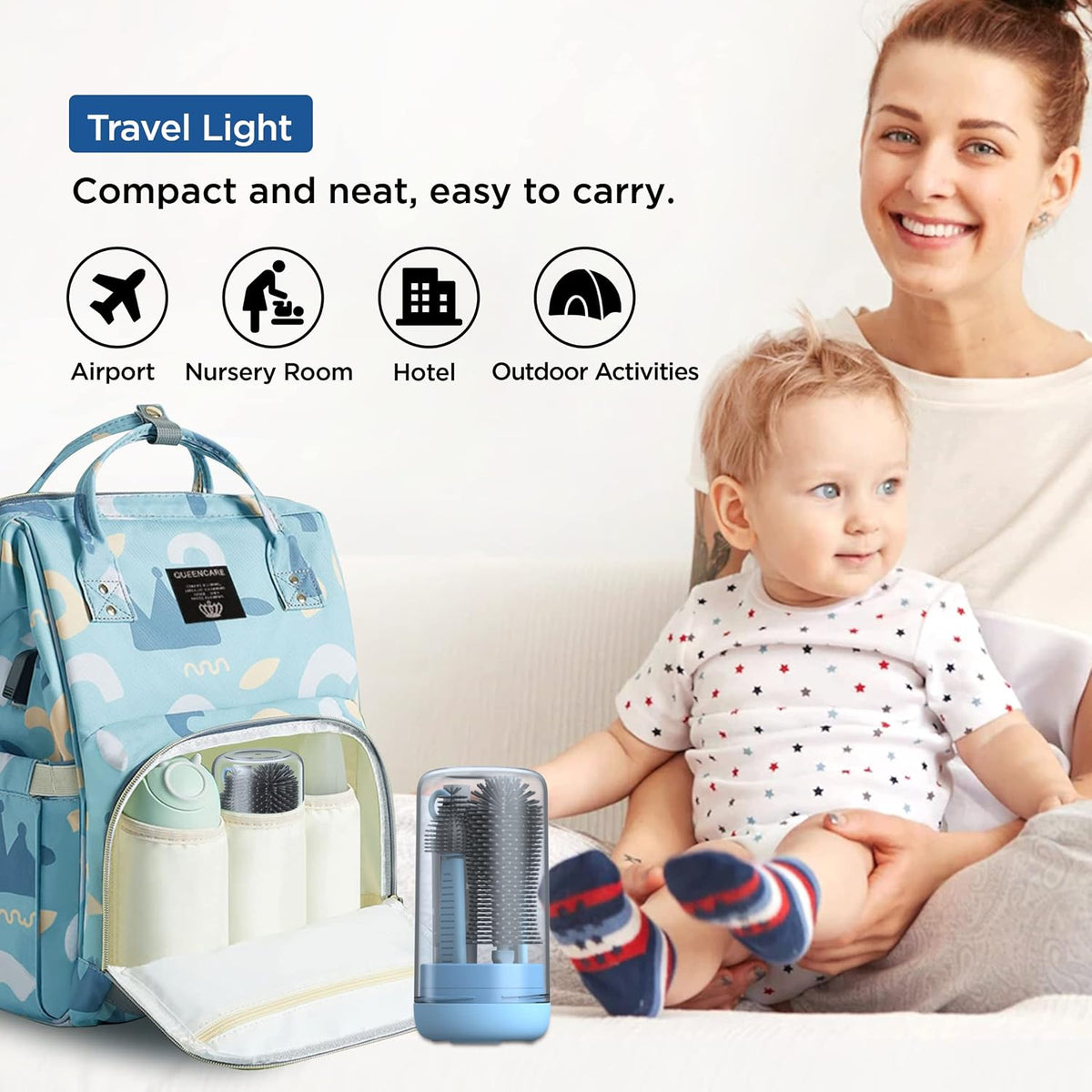 Baby Bottle Brush, Travel Bottle Cleaner Kit with Extendable Silicone Bottle Brush, Nipple Cleaner Brush, Straw Brush, Soap Dispenser, Dust Cap and Stand, Blue