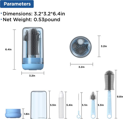 Baby Bottle Brush, Travel Bottle Cleaner Kit with Extendable Silicone Bottle Brush, Nipple Cleaner Brush, Straw Brush, Soap Dispenser, Dust Cap and Stand, Blue