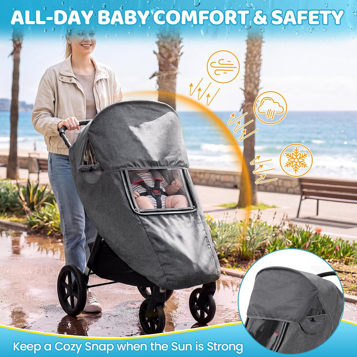 Clear Stroller Rain Cover, Universal Fit, Side Ventilation, Durable Clear