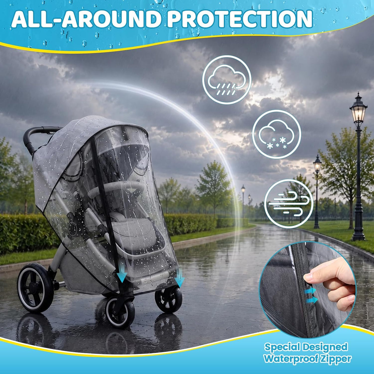 Clear Stroller Rain Cover, Universal Fit, Side Ventilation, Durable Clear