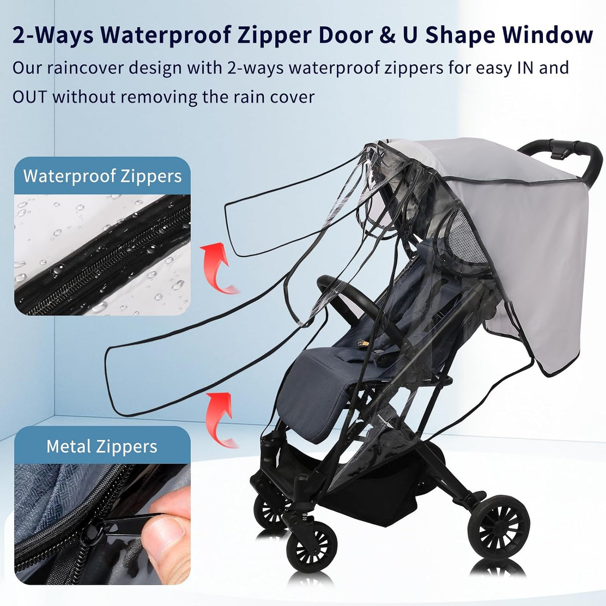 Stroller Rain Cover, Universal Clear Breathable Weather Shield with Waterproof 2-Way Zippers Open, 4 Seasons Protection for Baby from Rain, Wind, Snow (Two Ways Open on Front)