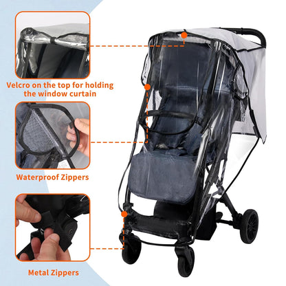 Stroller Rain Cover, Universal Clear Breathable Weather Shield with Waterproof 2-Way Zippers Open, 4 Seasons Protection for Baby from Rain, Wind, Snow (Two Ways Open on Front)