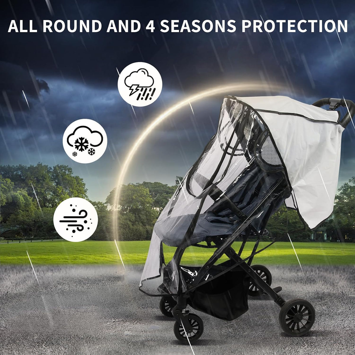 Stroller Rain Cover, Universal Clear Breathable Weather Shield with Waterproof 2-Way Zippers Open, 4 Seasons Protection for Baby from Rain, Wind, Snow (Two Ways Open on Front)
