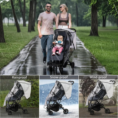 Stroller Rain Cover, Universal Clear Breathable Weather Shield with Waterproof 2-Way Zippers Open, 4 Seasons Protection for Baby from Rain, Wind, Snow (Two Ways Open on Front)