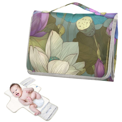 Lotus Flowers and Buds with Leaves Portable Diaper Changing Pad for Newborn Girl & Boy - Baby Changing Pad Lightweight Waterproof Travel Changing Kit