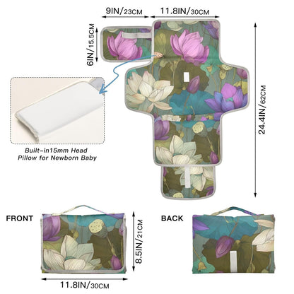 Lotus Flowers and Buds with Leaves Portable Diaper Changing Pad for Newborn Girl & Boy - Baby Changing Pad Lightweight Waterproof Travel Changing Kit