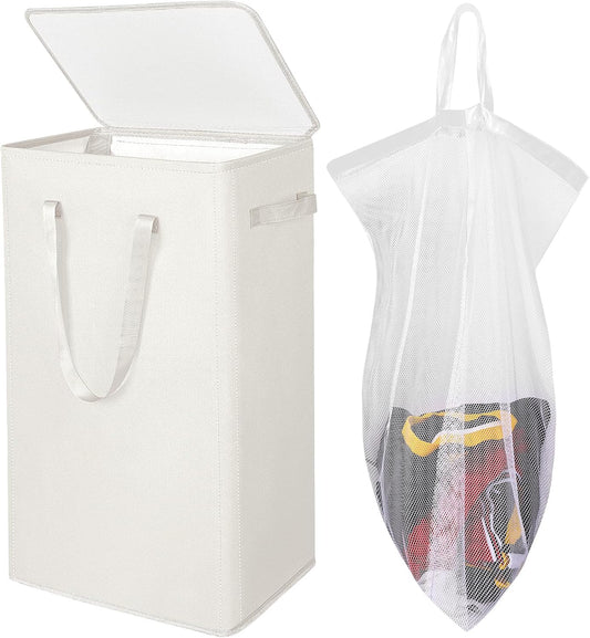 75L Slim Laundry Hamper with Lid,Large Foldable Laundry Basket with Removable Bag and Handles Tall Collapsible Dirty Clothes Basket Great for Bedroom, Bathroom, Dorm, College,RV. (Beige, 75L)