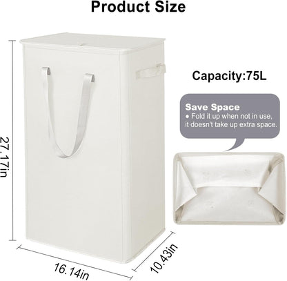 75L Slim Laundry Hamper with Lid,Large Foldable Laundry Basket with Removable Bag and Handles Tall Collapsible Dirty Clothes Basket Great for Bedroom, Bathroom, Dorm, College,RV. (Beige, 75L)