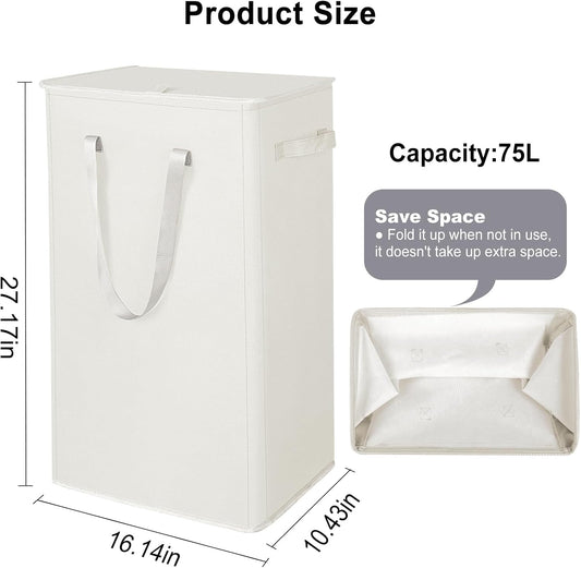 75L Slim Laundry Hamper with Lid,Large Foldable Laundry Basket with Removable Bag and Handles Tall Collapsible Dirty Clothes Basket Great for Bedroom, Bathroom, Dorm, College,RV. (Beige, 75L)