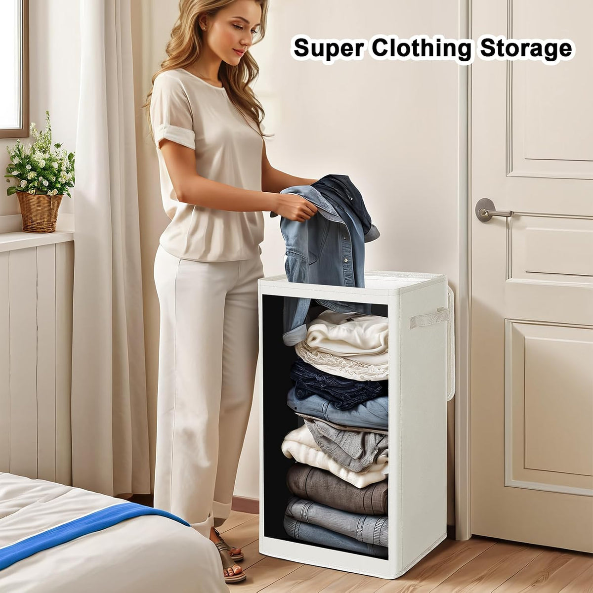 75L Slim Laundry Hamper with Lid,Large Foldable Laundry Basket with Removable Bag and Handles Tall Collapsible Dirty Clothes Basket Great for Bedroom, Bathroom, Dorm, College,RV. (Beige, 75L)