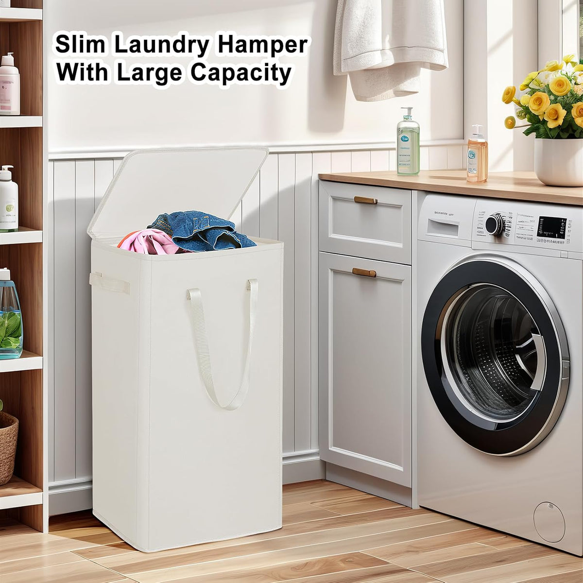 75L Slim Laundry Hamper with Lid,Large Foldable Laundry Basket with Removable Bag and Handles Tall Collapsible Dirty Clothes Basket Great for Bedroom, Bathroom, Dorm, College,RV. (Beige, 75L)