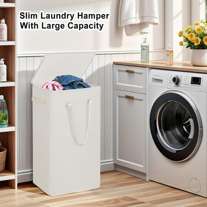 75L Slim Laundry Hamper with Lid,Large Foldable Laundry Basket with Removable Bag and Handles Tall Collapsible Dirty Clothes Basket Great for Bedroom, Bathroom, Dorm, College,RV. (Beige, 75L)