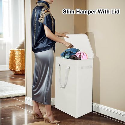 75L Slim Laundry Hamper with Lid,Large Foldable Laundry Basket with Removable Bag and Handles Tall Collapsible Dirty Clothes Basket Great for Bedroom, Bathroom, Dorm, College,RV. (Beige, 75L)