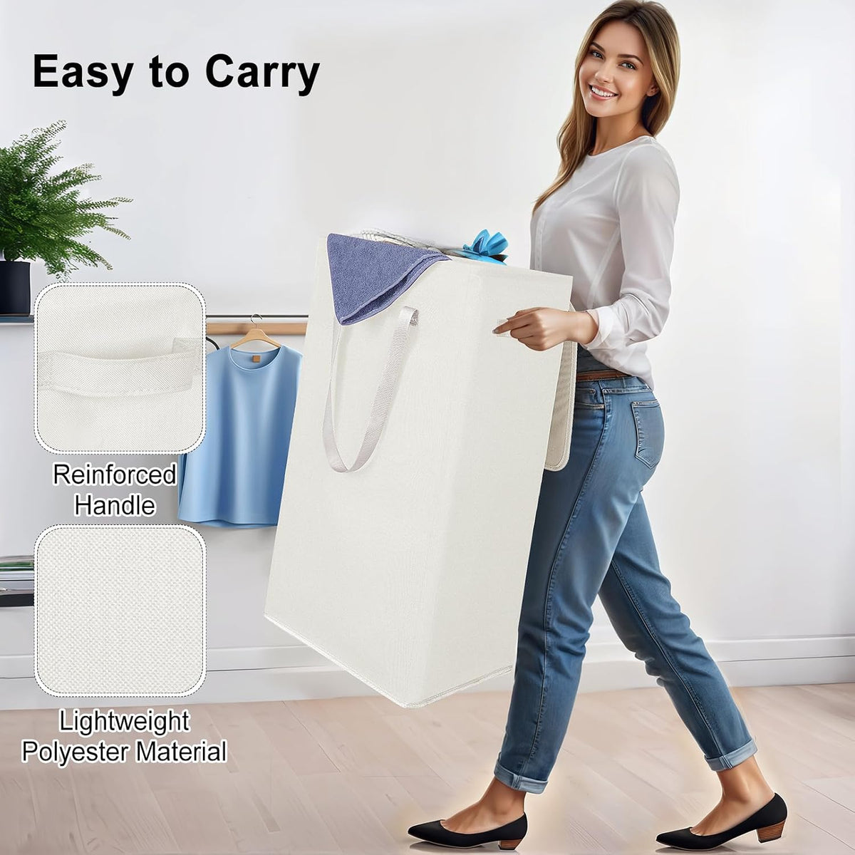 75L Slim Laundry Hamper with Lid,Large Foldable Laundry Basket with Removable Bag and Handles Tall Collapsible Dirty Clothes Basket Great for Bedroom, Bathroom, Dorm, College,RV. (Beige, 75L)