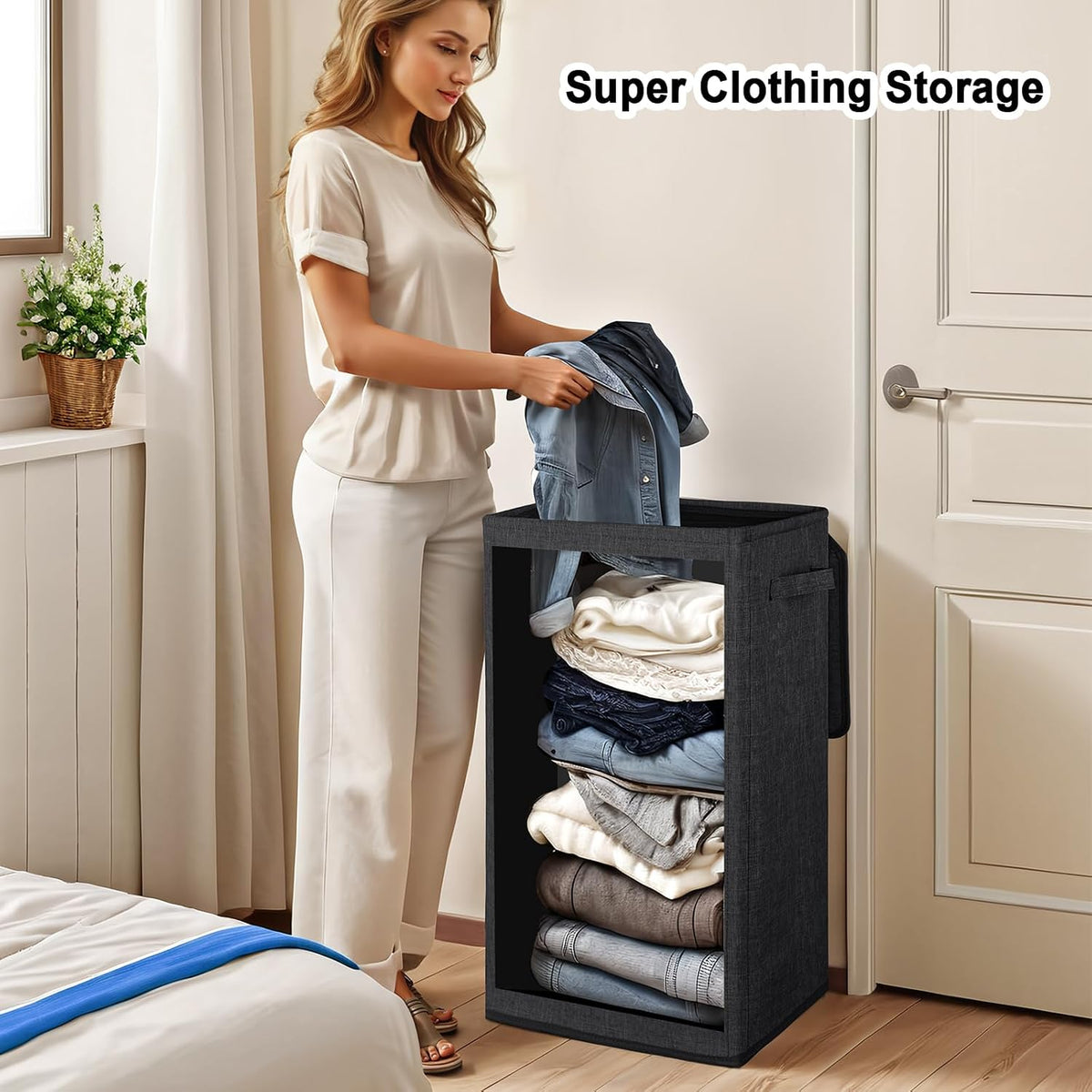 75L Slim Laundry Hamper with Lid,Large Foldable Laundry Basket with Removable Bag and Handles Tall Collapsible Dirty Clothes Basket Great for Bedroom, Bathroom, Dorm, College,RV. (Beige, 75L)