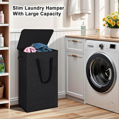 75L Slim Laundry Hamper with Lid,Large Foldable Laundry Basket with Removable Bag and Handles Tall Collapsible Dirty Clothes Basket Great for Bedroom, Bathroom, Dorm, College,RV. (Beige, 75L)
