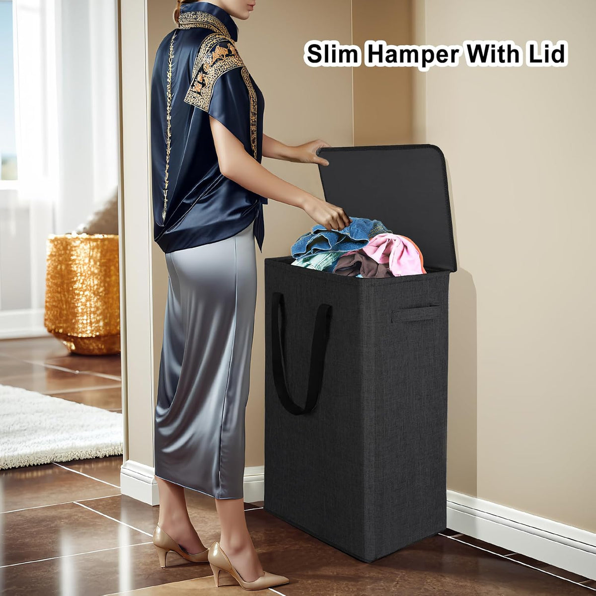 75L Slim Laundry Hamper with Lid,Large Foldable Laundry Basket with Removable Bag and Handles Tall Collapsible Dirty Clothes Basket Great for Bedroom, Bathroom, Dorm, College,RV. (Beige, 75L)