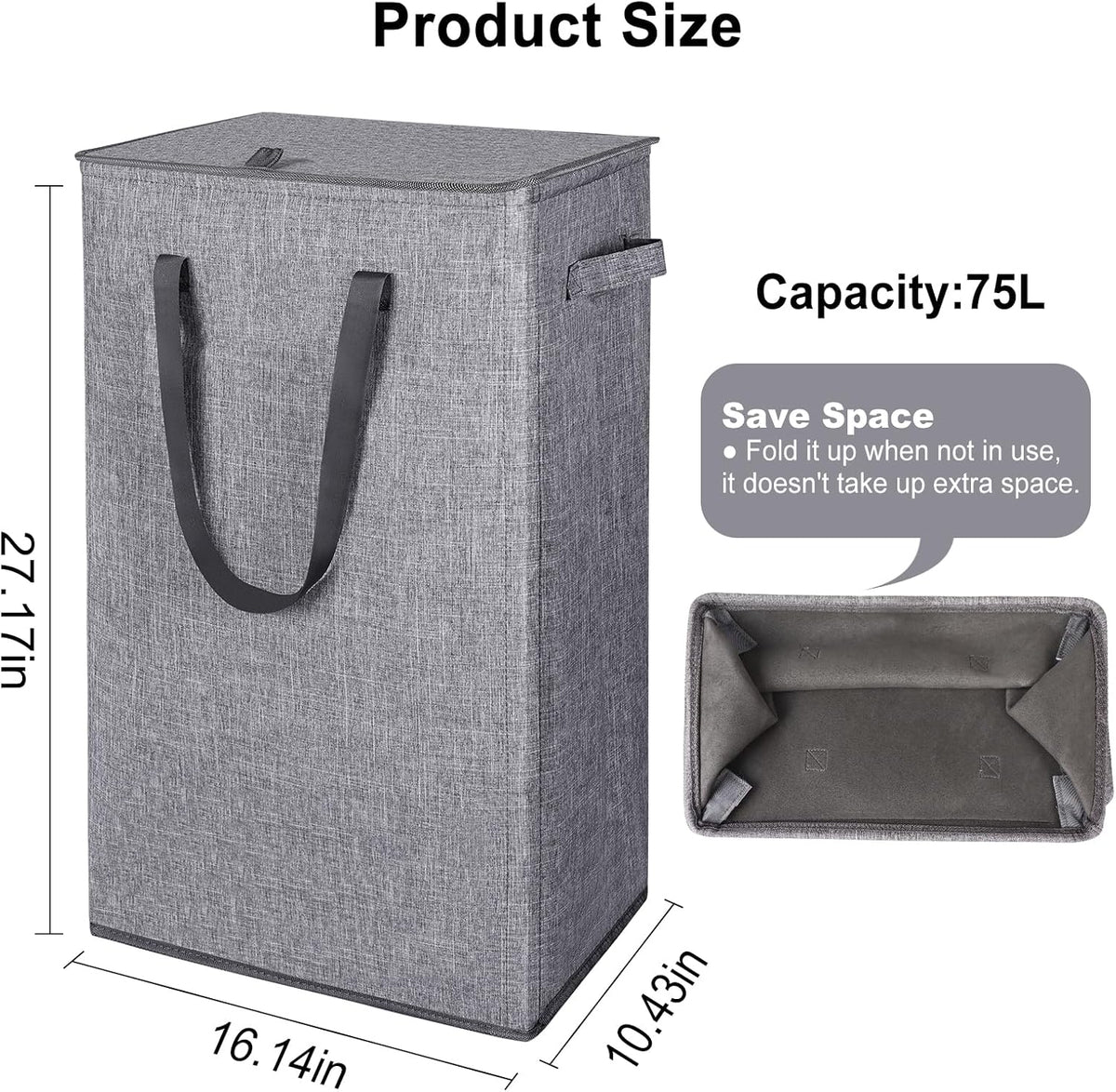 75L Slim Laundry Hamper with Lid,Large Foldable Laundry Basket with Removable Bag and Handles Tall Collapsible Dirty Clothes Basket Great for Bedroom, Bathroom, Dorm, College,RV. (Beige, 75L)