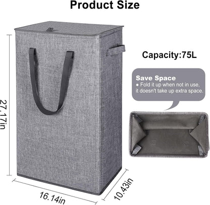75L Slim Laundry Hamper with Lid,Large Foldable Laundry Basket with Removable Bag and Handles Tall Collapsible Dirty Clothes Basket Great for Bedroom, Bathroom, Dorm, College,RV. (Beige, 75L)