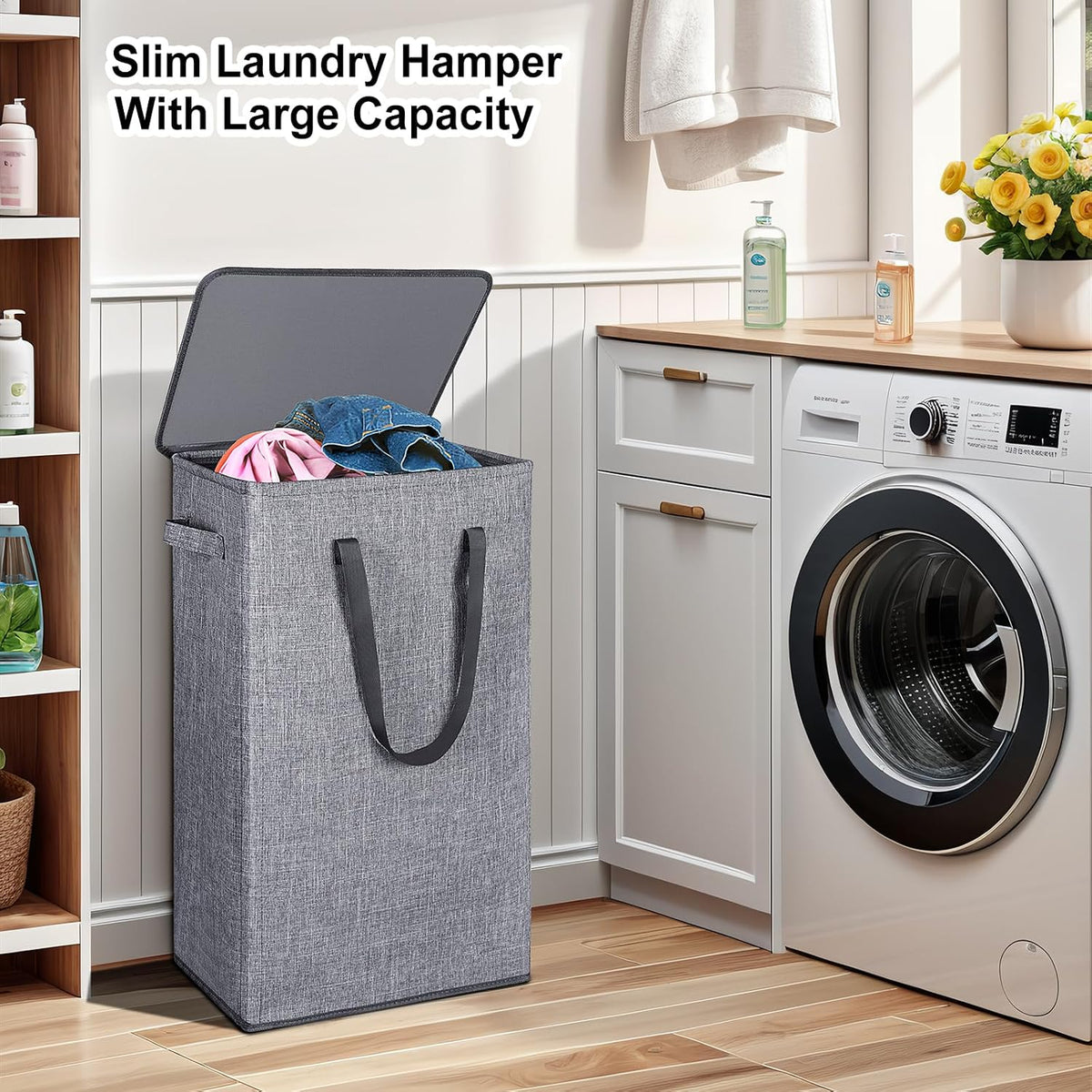 75L Slim Laundry Hamper with Lid,Large Foldable Laundry Basket with Removable Bag and Handles Tall Collapsible Dirty Clothes Basket Great for Bedroom, Bathroom, Dorm, College,RV. (Beige, 75L)