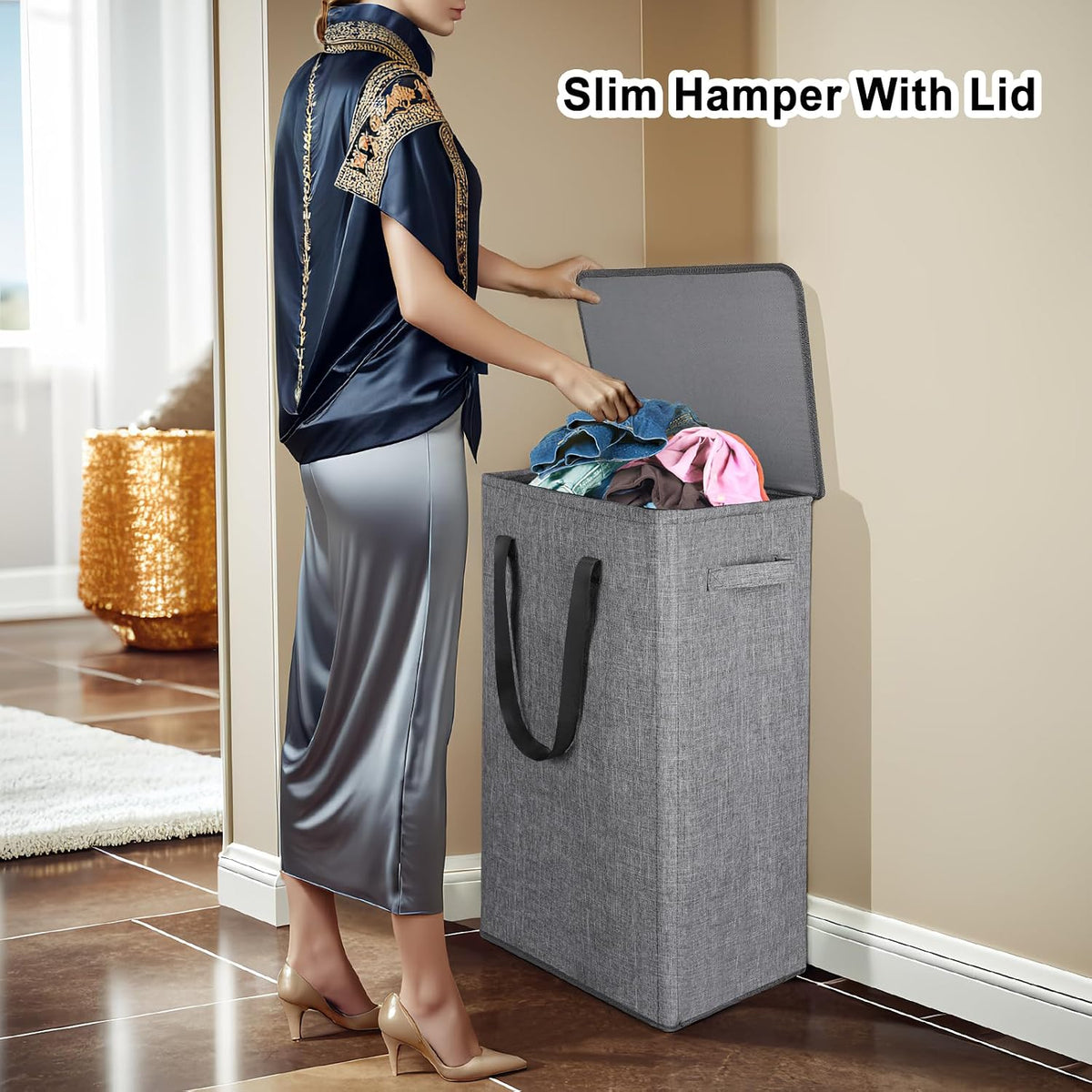 75L Slim Laundry Hamper with Lid,Large Foldable Laundry Basket with Removable Bag and Handles Tall Collapsible Dirty Clothes Basket Great for Bedroom, Bathroom, Dorm, College,RV. (Beige, 75L)