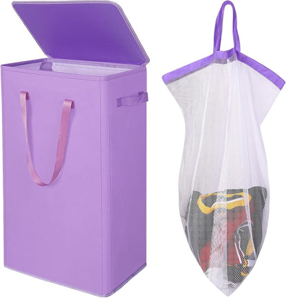 75L Slim Laundry Hamper with Lid,Large Foldable Laundry Basket with Removable Bag and Handles Tall Collapsible Dirty Clothes Basket Great for Bedroom, Bathroom, Dorm, College,RV. (Beige, 75L)