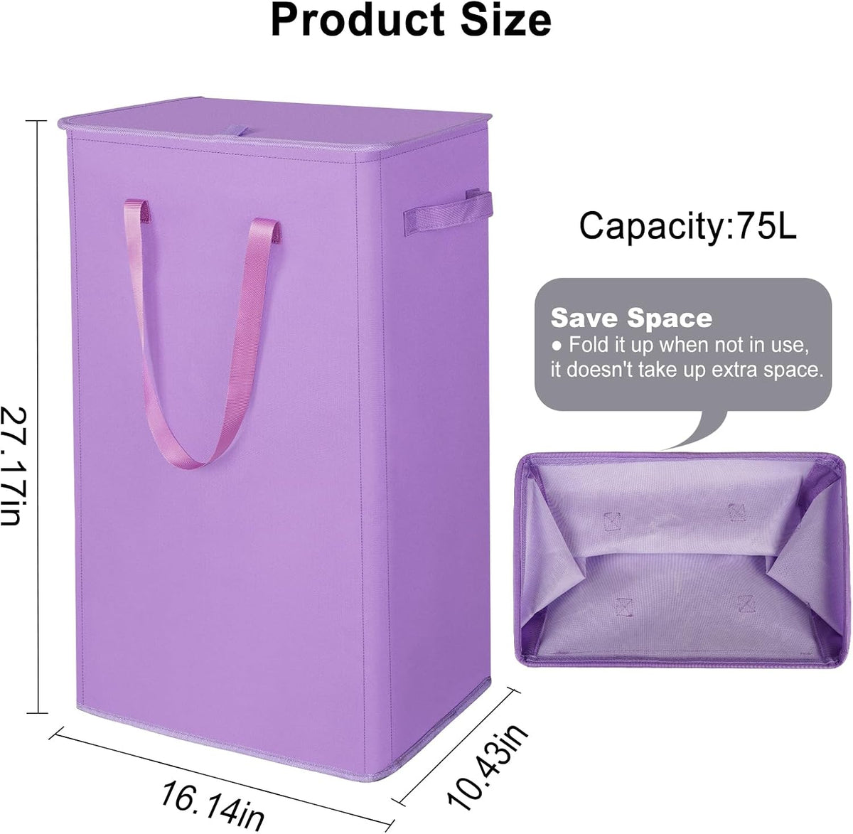 75L Slim Laundry Hamper with Lid,Large Foldable Laundry Basket with Removable Bag and Handles Tall Collapsible Dirty Clothes Basket Great for Bedroom, Bathroom, Dorm, College,RV. (Beige, 75L)