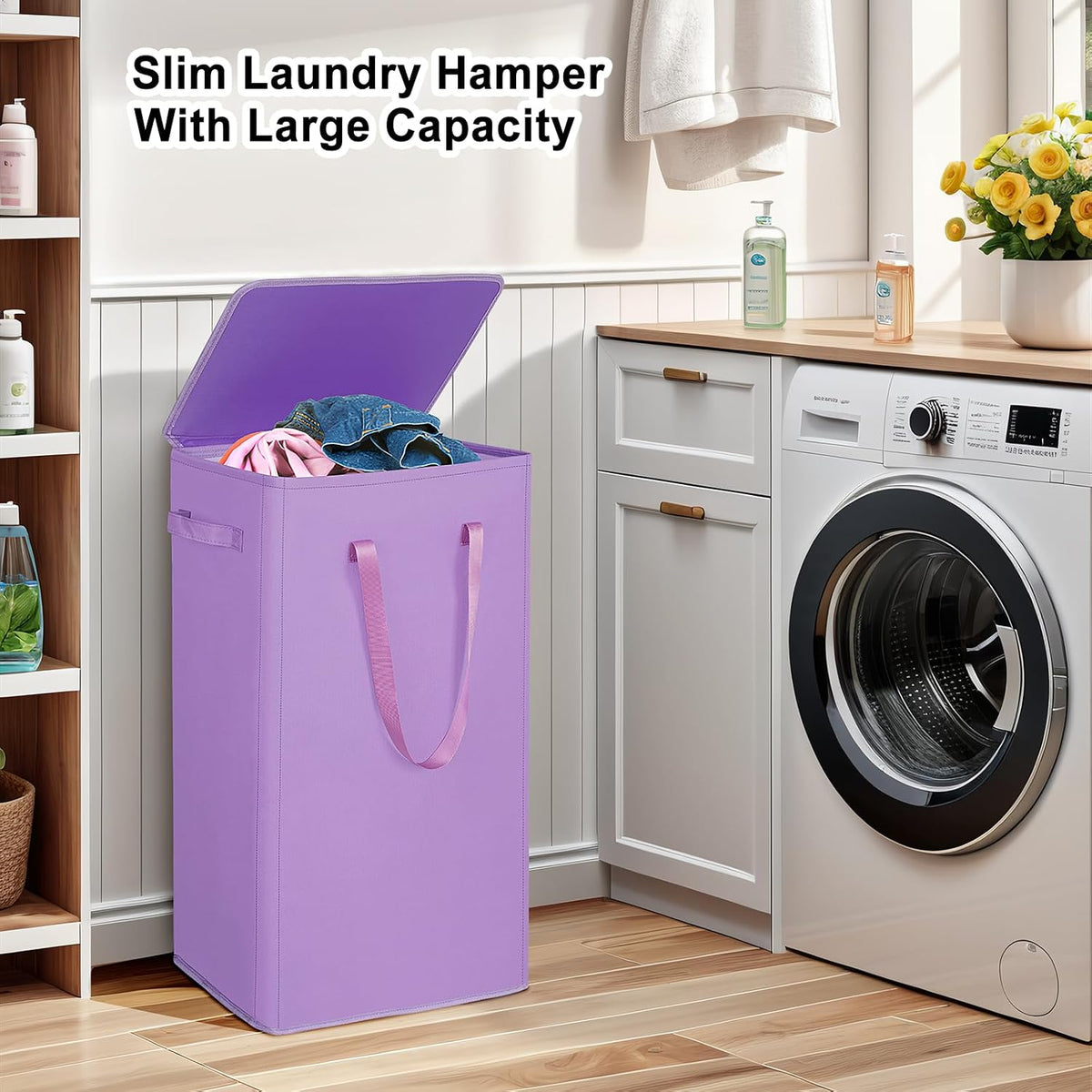 75L Slim Laundry Hamper with Lid,Large Foldable Laundry Basket with Removable Bag and Handles Tall Collapsible Dirty Clothes Basket Great for Bedroom, Bathroom, Dorm, College,RV. (Beige, 75L)