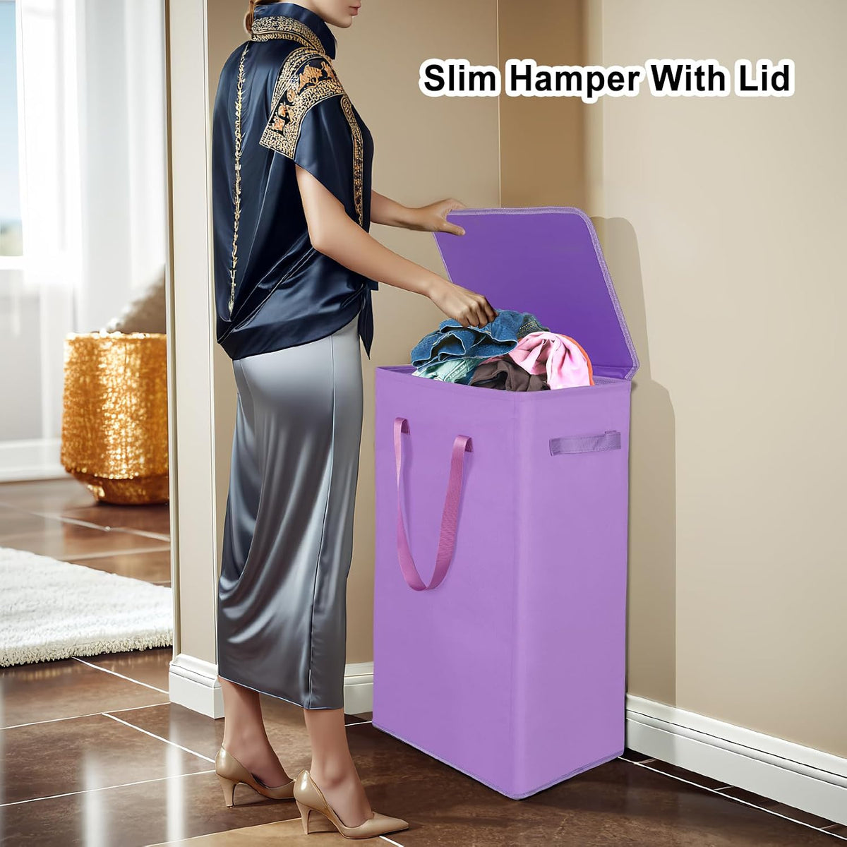75L Slim Laundry Hamper with Lid,Large Foldable Laundry Basket with Removable Bag and Handles Tall Collapsible Dirty Clothes Basket Great for Bedroom, Bathroom, Dorm, College,RV. (Beige, 75L)