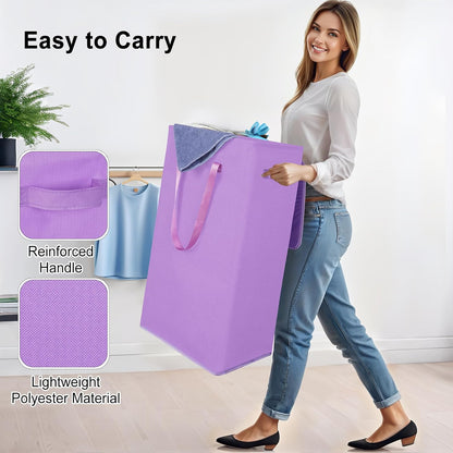 75L Slim Laundry Hamper with Lid,Large Foldable Laundry Basket with Removable Bag and Handles Tall Collapsible Dirty Clothes Basket Great for Bedroom, Bathroom, Dorm, College,RV. (Beige, 75L)